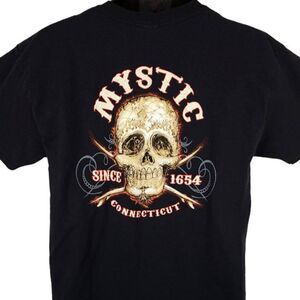 Mystic Connecticut T Shirt Mens Size Large Black Skull And Crossbones Surfing